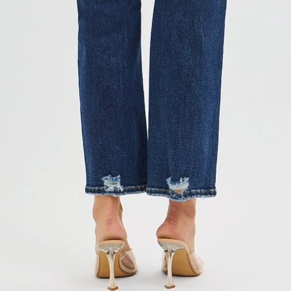 RISEN High-Rise Waist Distressed Patch Knee Straight Leg Pants Ankle Denim Jeans - Picture 11 of 16